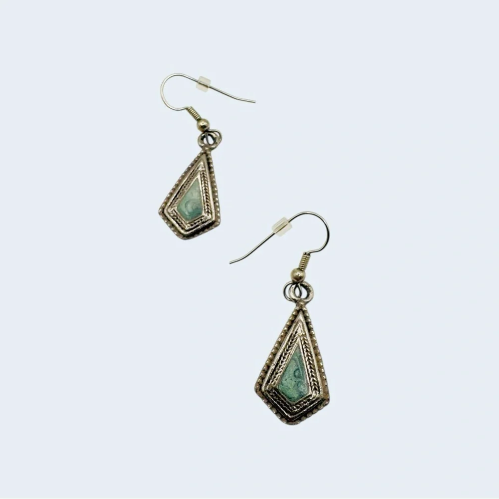 Vintage Boho Teardrop Earrings Silver Tone Green Stone Dangle